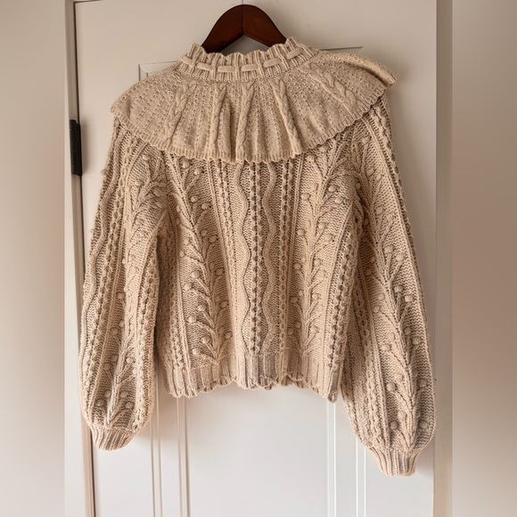 $465 LoveShackFancy Avenue Pullover Sweater Cable Knit Pom Pom Sand Castle S - Picture 4 of 7